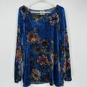 Johnny Was Women XS Blue Floral Velvet Boho Tunic Long Sleeve Luxe Romantic Top